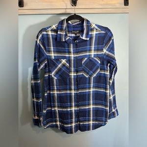 Brave Soul Dark Blue/Yellow/White Plaid Button Up Long Sleeve Flannel Shirt